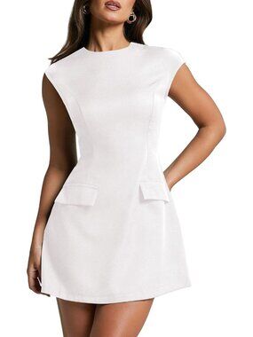 Women's White Cap Sleeve Mock Neck Mini Dress A-Line Flare Short Dresses